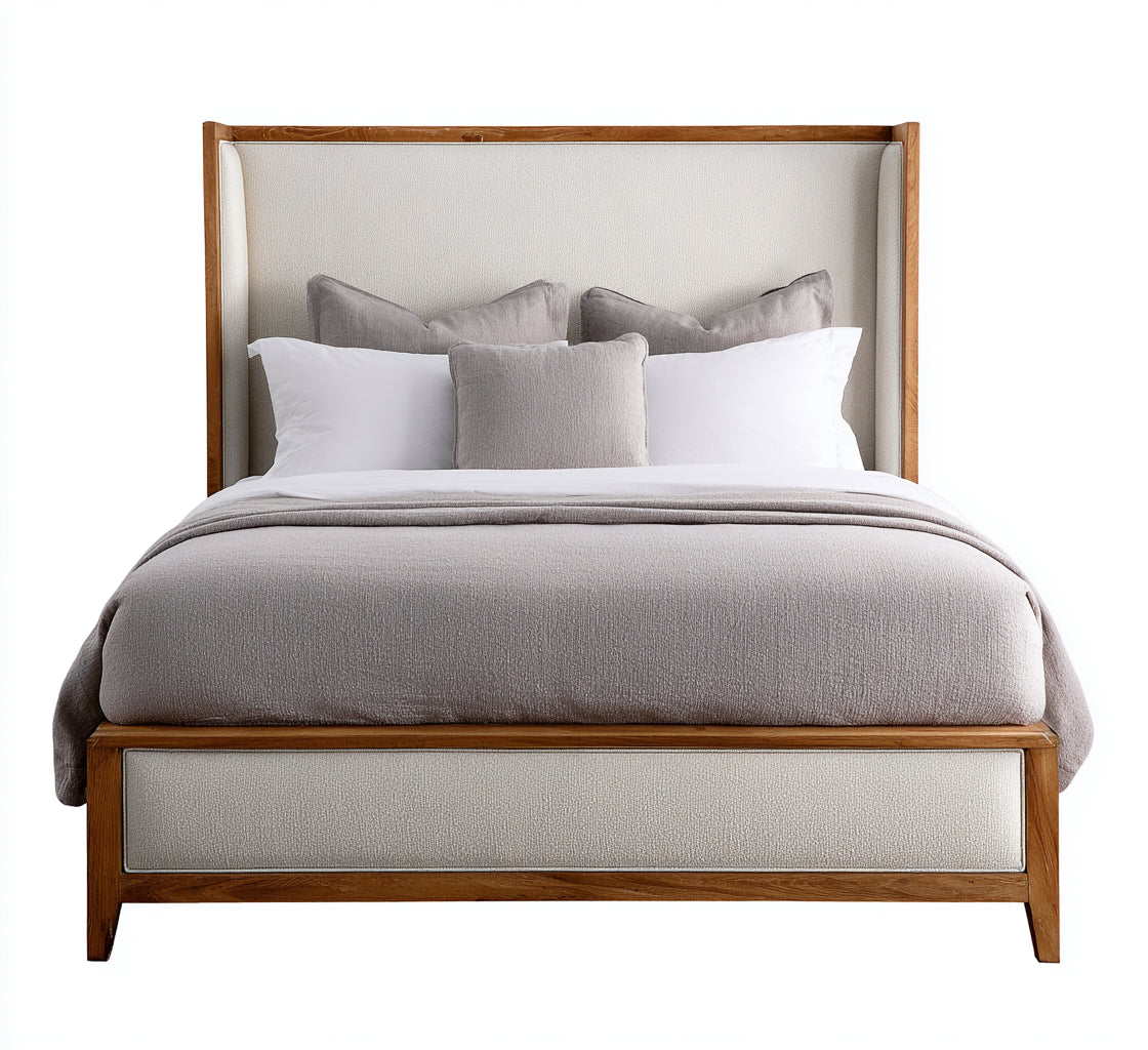 Cama matrimonial de madera tapizada 200x180x118 cm - madera natural - beige - diseño moderno - apta para dormitorio
