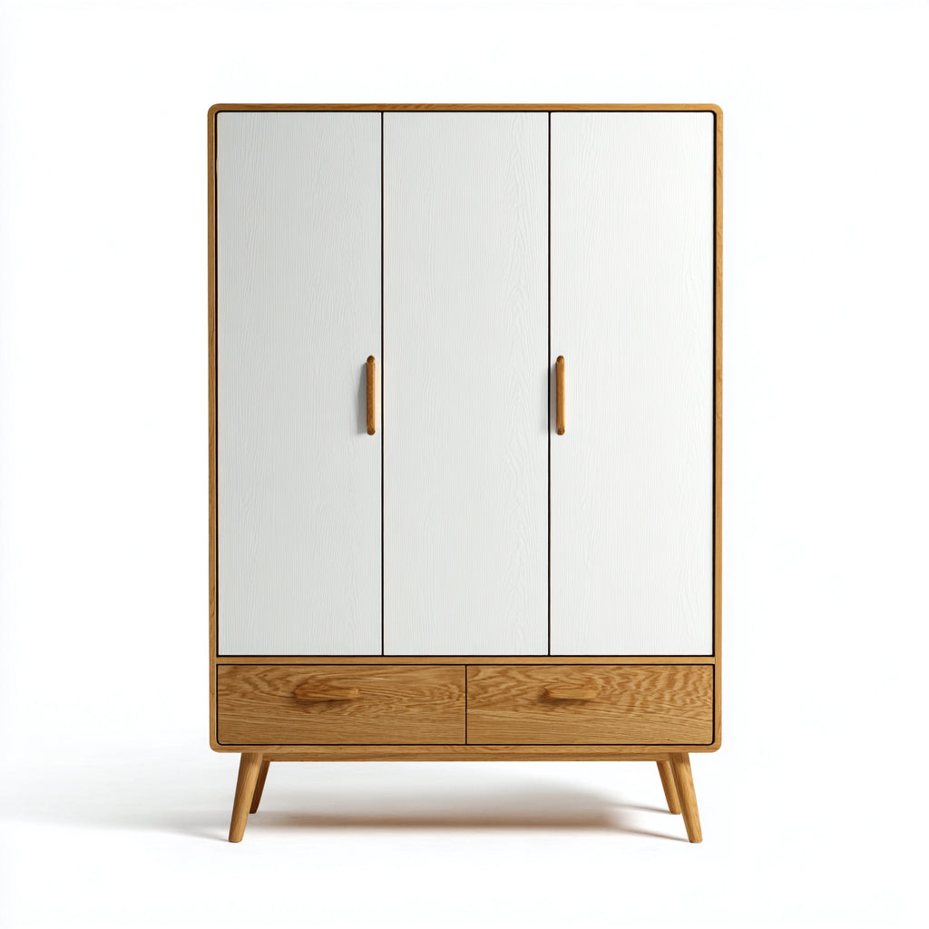 Armario de madera 120x50x180 cm - blanco - roble natural - diseño escandinavo de tres puertas con dos cajones - apto para dormitorio