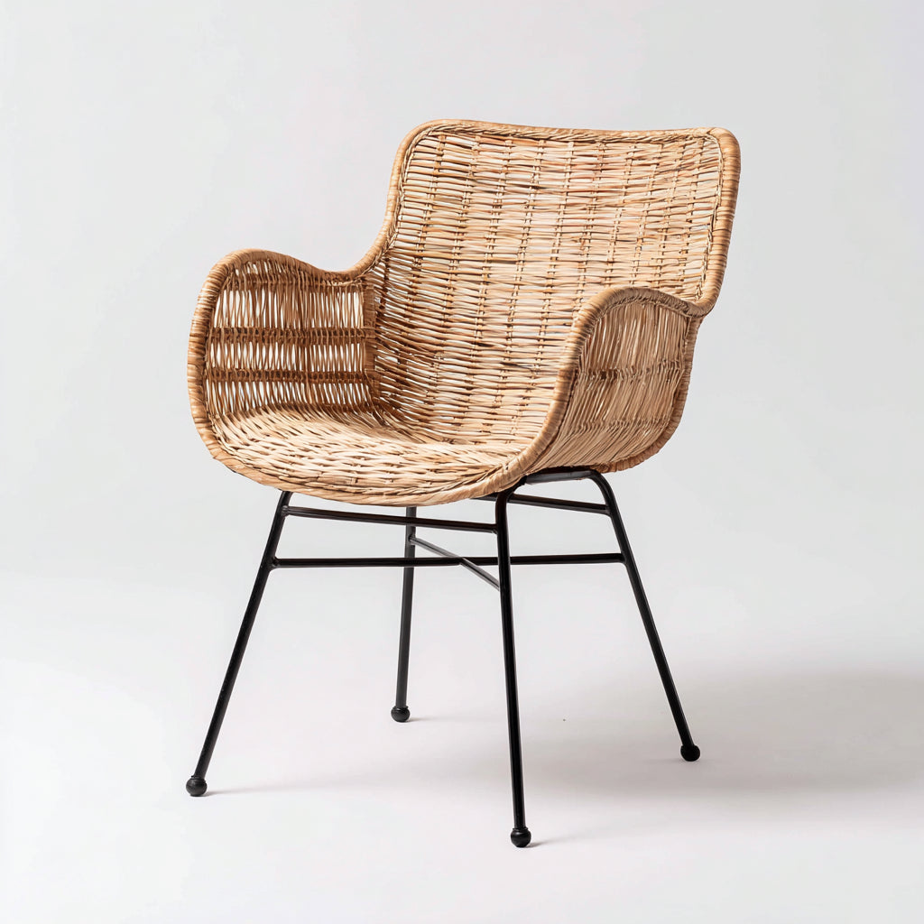 Silla de jardín ratán natural y metal 57x59x85 cm - natural-negro - estilo moderno apta para exterior