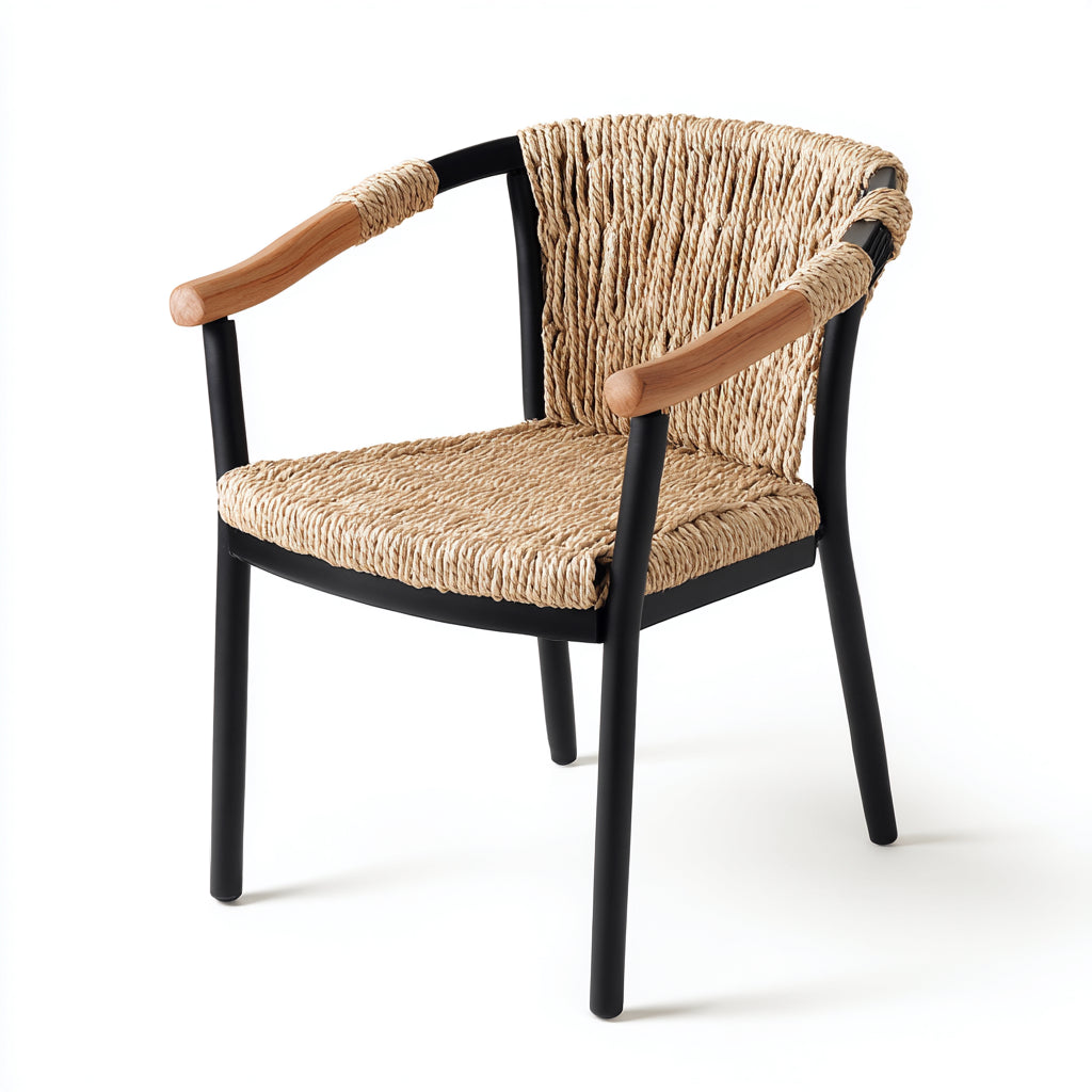 Silla de jardín ratán natural y metal 56x58x83 cm - natural-negro-madera - estilo moderno apta para exterior