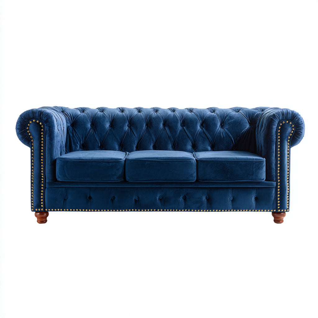 Sofá lineal de terciopelo 210x90x75 cm - azul - estilo clásico elegante - apto para salón