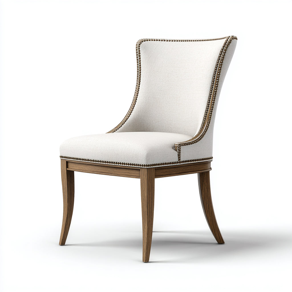 Silla de comedor tapizada en lino crema con patas de madera oscura 50x60x95 cm - borde con tachuelas decorativas - diseño clásico refinado para comedor