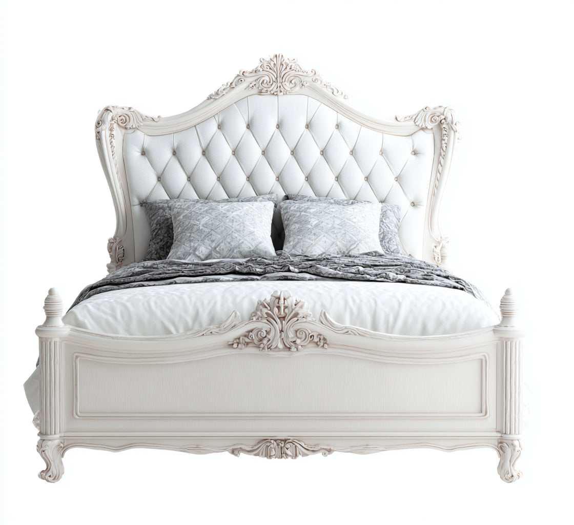 Cama matrimonial de madera tapizada 200x180x140 cm - blanco - diseño clásico - apta para dormitorio