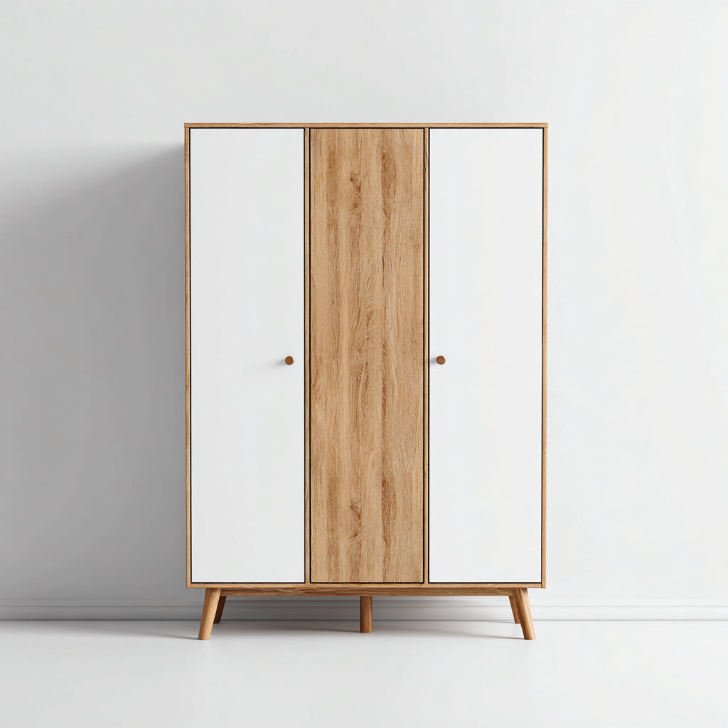Armario de madera 120x50x180 cm - blanco - roble natural - diseño escandinavo de tres puertas - apto para dormitorio