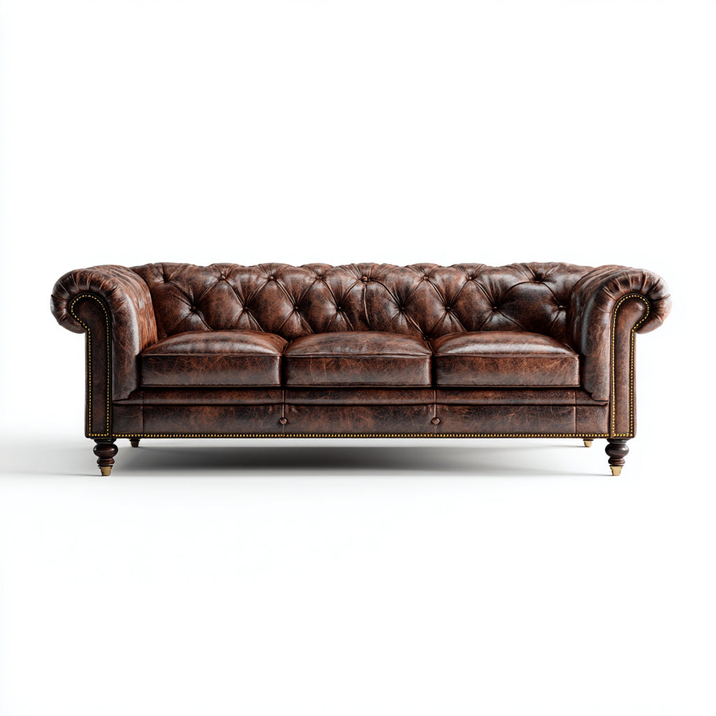 Sofá lineal de cuero marrón 210x90x75 cm - para salón - estilo clásico Chesterfield