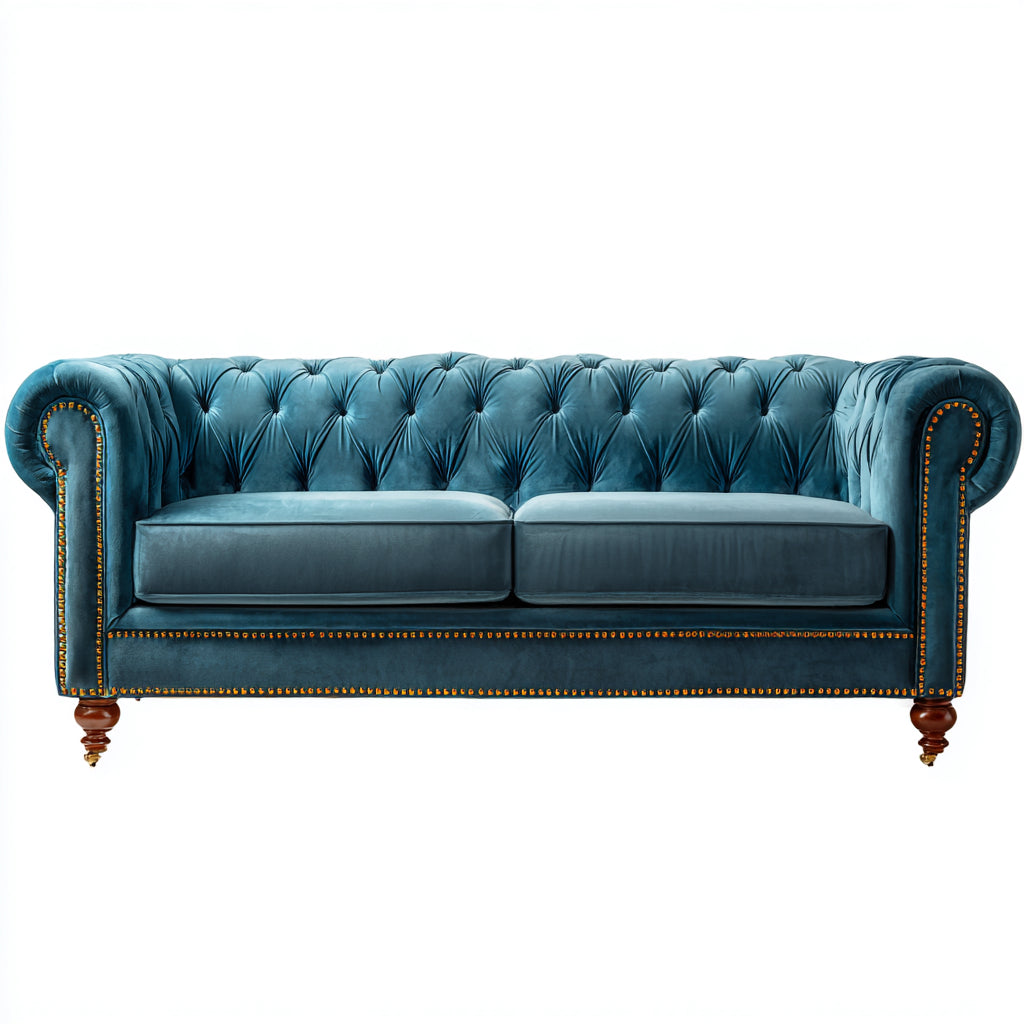 Sofá lineal de terciopelo 210x90x75 cm - azul turquesa - estilo clásico elegante - apto para salón