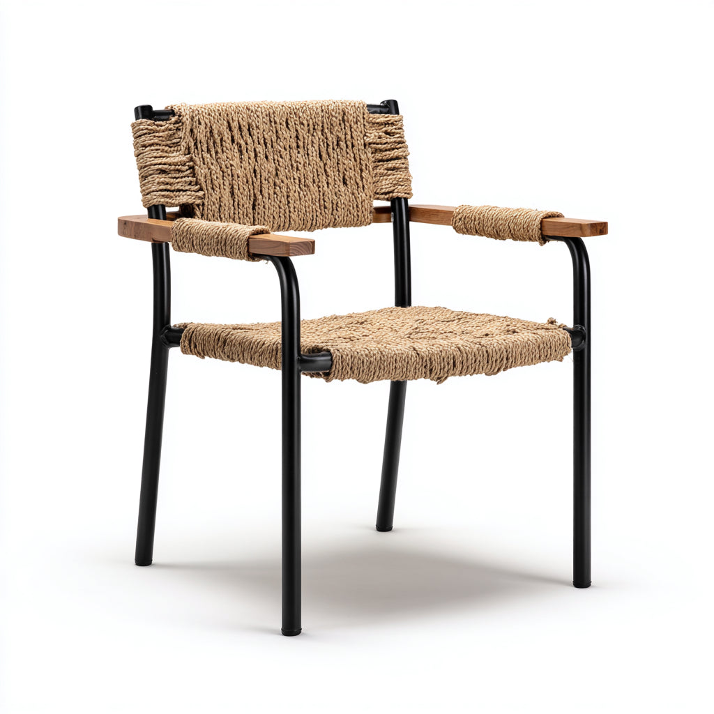 Silla de jardín cuerda natural y metal 55x57x82 cm - natural-negro-madera - estilo moderno apta para exterior