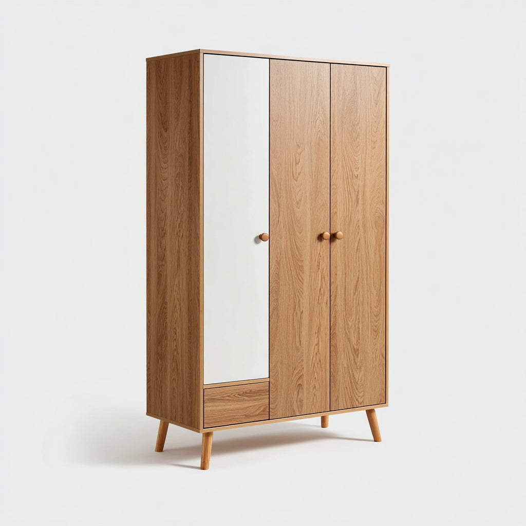 Armario de madera 120x50x180 cm - roble natural - blanco - diseño escandinavo de tres puertas con espejo - apto para dormitorio