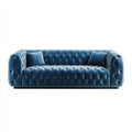 Sofá lineal de terciopelo azul 210x95x75 cm - para salón - estilo moderno capitoné