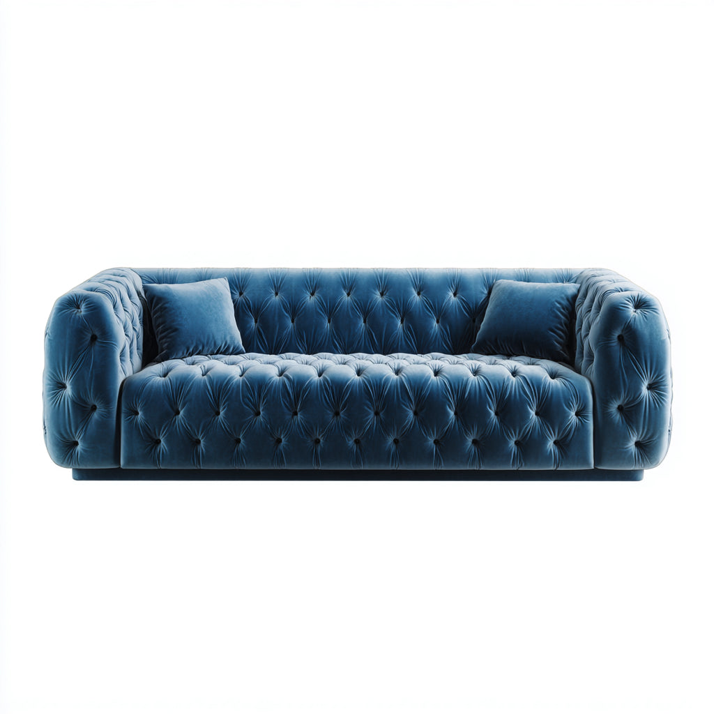 Sofá lineal de terciopelo azul 210x95x75 cm - para salón - estilo moderno capitoné