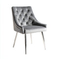 Silla de comedor tapizada en terciopelo gris con patas metálicas plateadas 52x60x90 cm - respaldo acolchado con botones y borde tachonado - estilo moderno elegante para comedor
